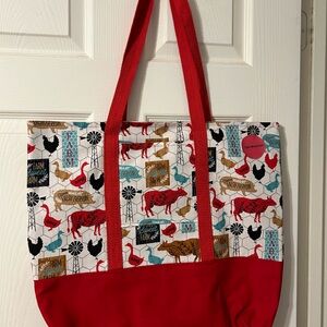 Handmade Farm Animal Print Tote Bag - Red and Multicolor